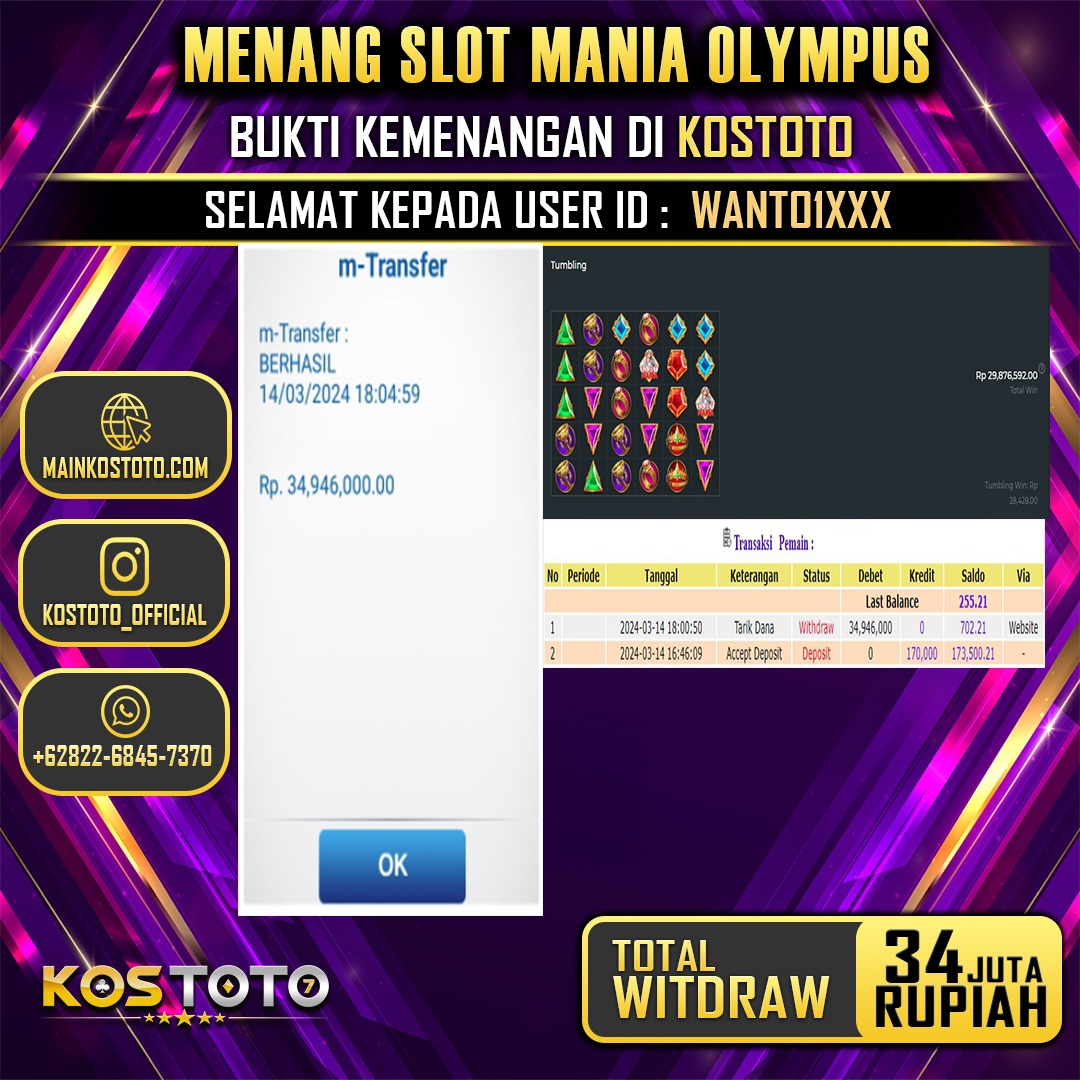 KOSTOTO JACKPOT SLOT MANIA OLYMPUS Rp. 34.000.000.,- LUNAS 