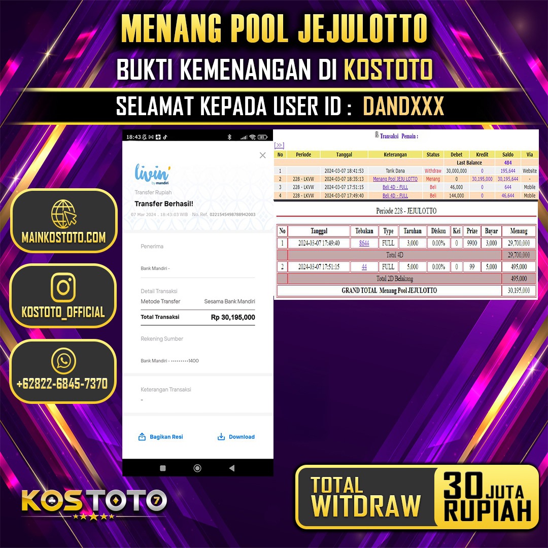 KOSTOTO JACKPOT TOGEL PASARAN JEJU LOTTO RP. 30.000.000,- LUNAS